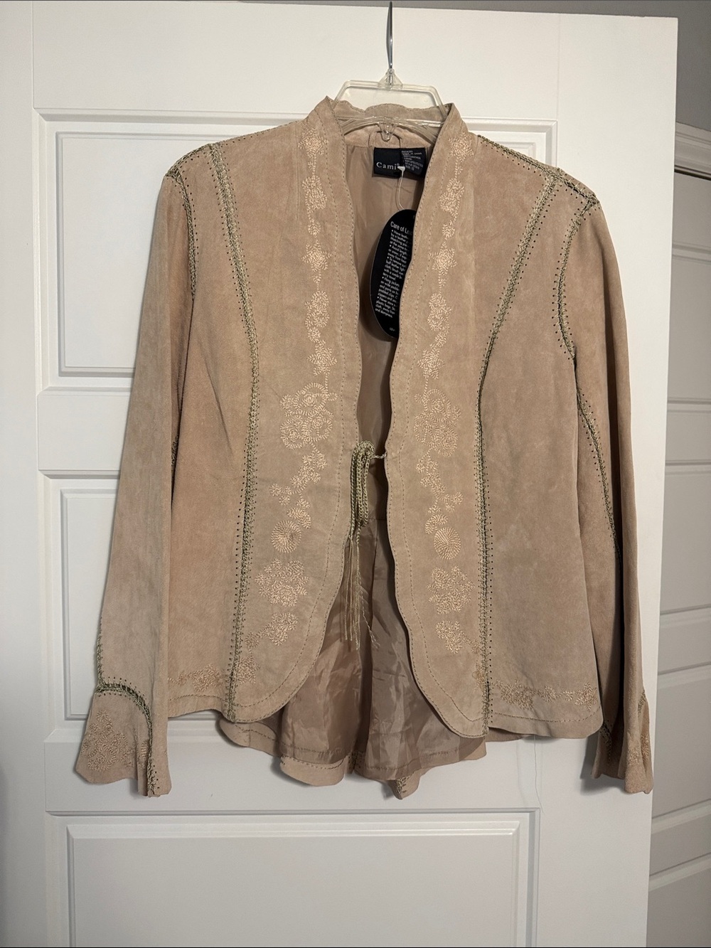 Cami Brand Vintage- Suede Embroidered Open Front Jacket - Tan